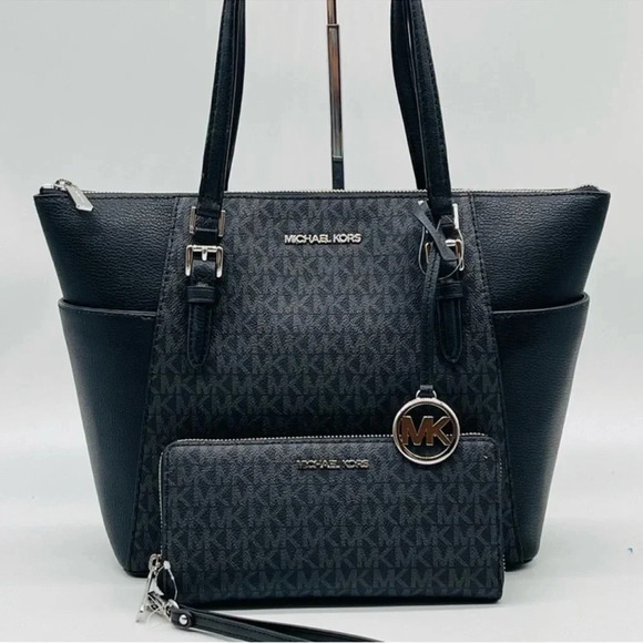 Michael Kors Large Top Zip Tote Bag Black &Continental Wallet Black